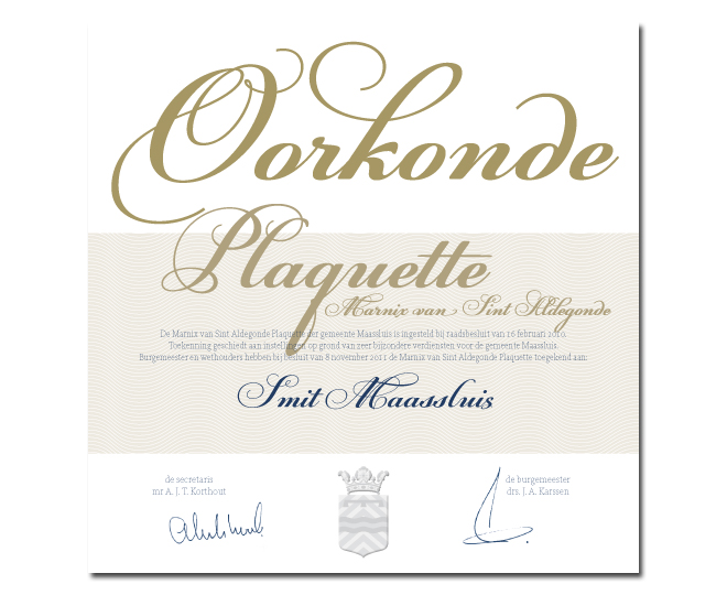 Oorkonde Maassluis Plaquette